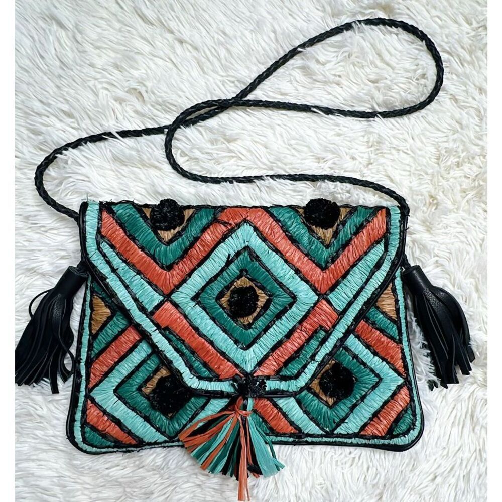 Anthropology ibBan Leather Raffia Tassle Bag Multicolor